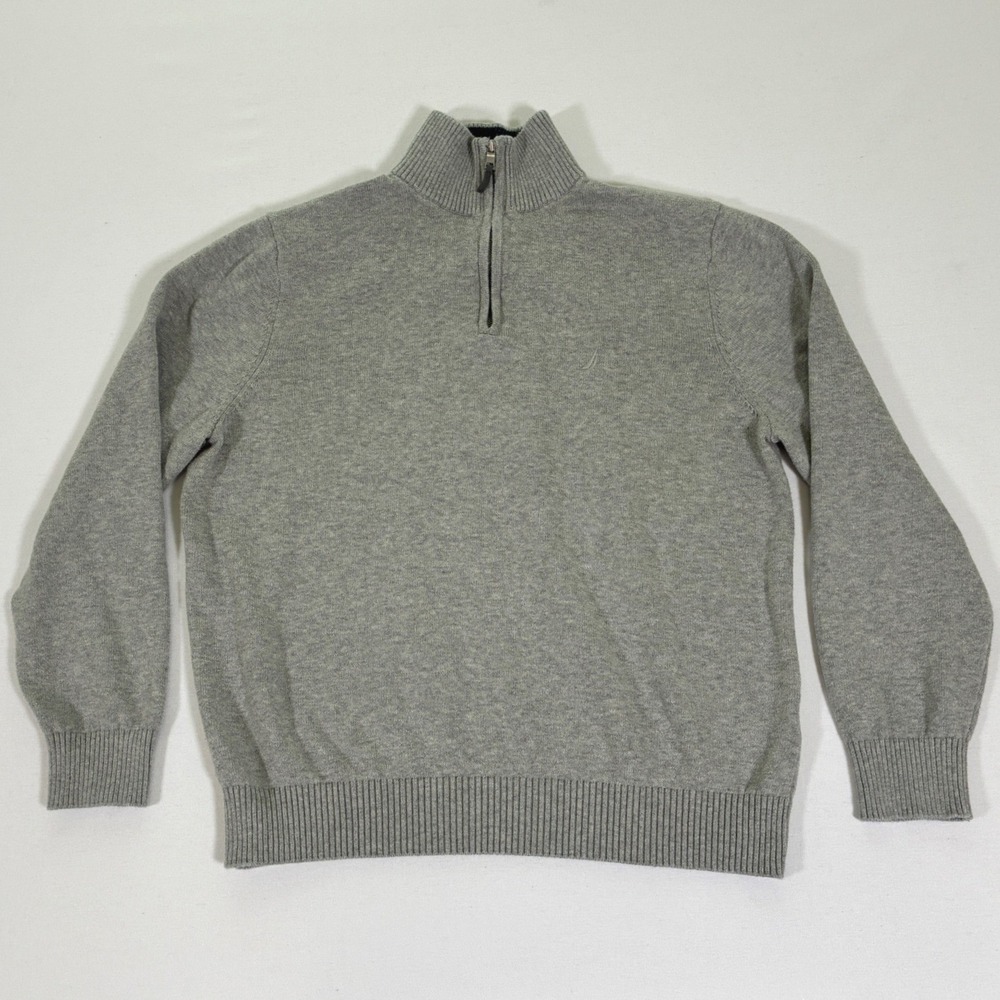 Nautica Mens Quarter Zip Sweater Heather Gray Ribbed Mock Neck Pullover Large